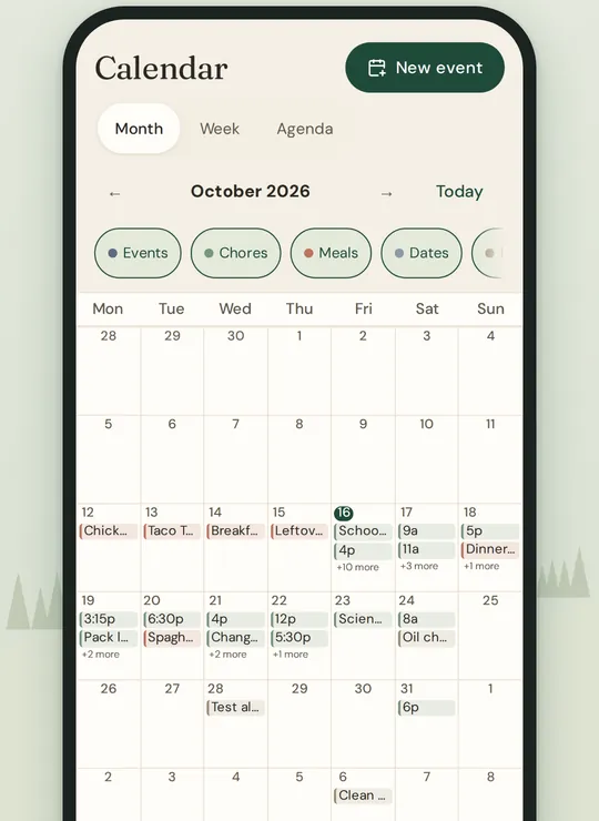 The calendar’s month view for October, with events, chores, meals and dates layered on each day.
