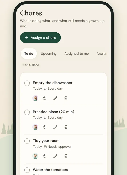 The Chores screen: Empty the dishwasher and Practice piano repeat every day, and Tidy your room needs approval.