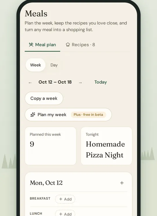 The meal plan for a week: Copy a week, Plan my week marked Plus, free in beta, and Homemade Pizza Night for dinner tonight.