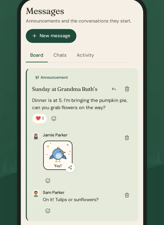 The family board in Messages: an announcement about Sunday at Grandma Ruth’s, with a reply and a Yay sticker.